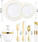 realluck 350 Piece White Gold Plastic Dinnerware Set for 50 Guests Elegant Baroq... - Image 3
