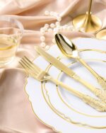 realluck 350 Piece White Gold Plastic Dinnerware Set for 50 Guests Elegant Baroq... - Image 4