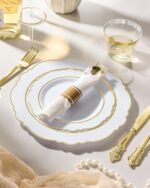 realluck 350 Piece White Gold Plastic Dinnerware Set for 50 Guests Elegant Baroq... - Image 5