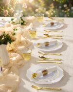realluck 350 Piece White Gold Plastic Dinnerware Set for 50 Guests Elegant Baroq... - Image 6