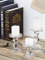 Lewondr Glass Candle Holders, 3 Pieces Crystal Clear Candlesticks with Elegant D... - Image 5