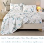 URBONUR Luxury Sheets Set Queen Egyptian Percale Cotton Blue Floral Sheets Soft ... - Image 3