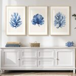 Framed Coastal Coral Wall Art for Living Room, Large Navy Blue Watercolor Coral ... - Image 3