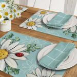Spring Summer Daisy Flower Placemats Set of 4, Floral Eucalyptus Leaves Blue Din... - Image 6