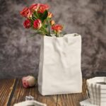 Relexome Paper Bag Vase Crinkle Wide Ceramic Flower Vase Cream White Boho Wabi-S... - Image 8