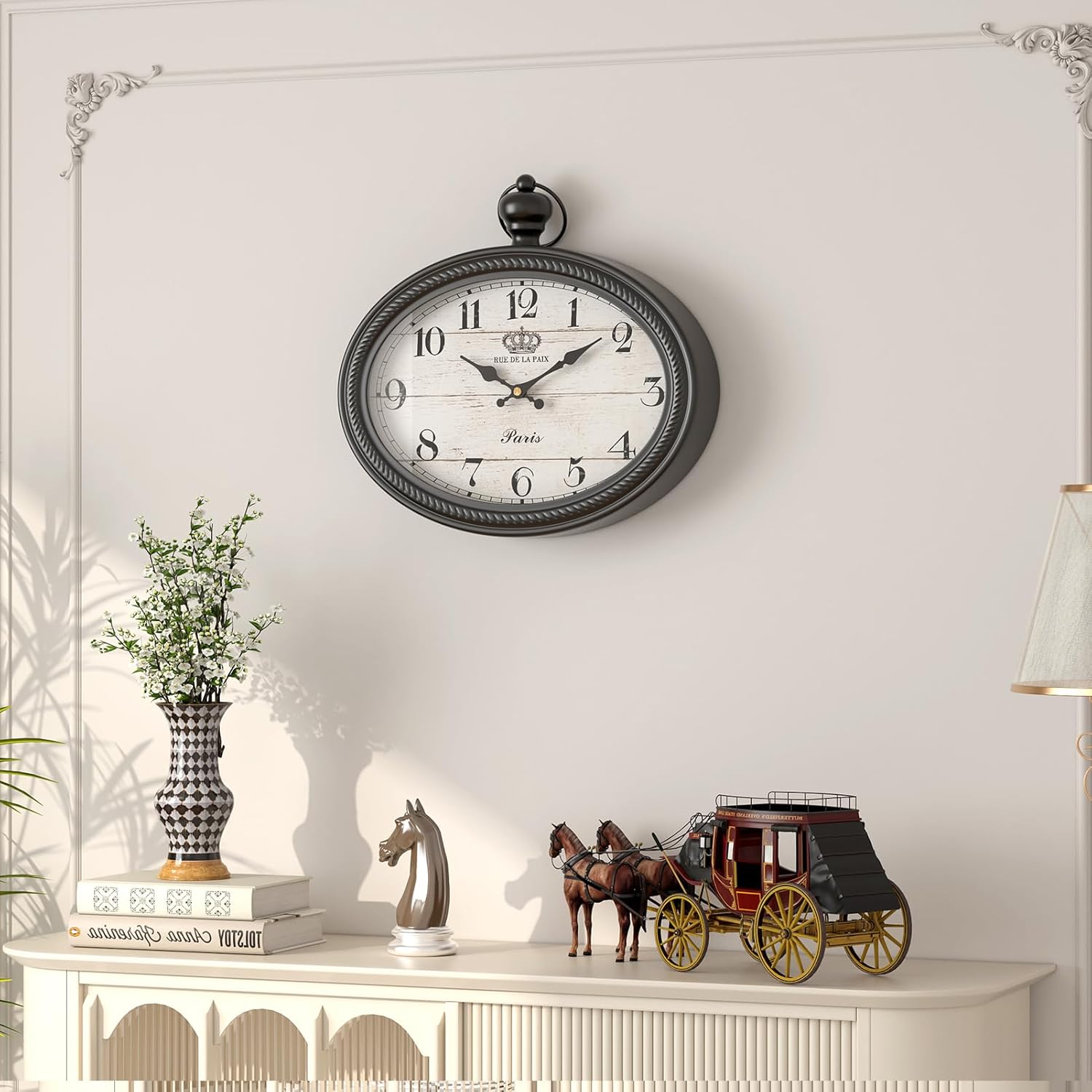 Retro Oval Wall Clock. Black Vintage Antique Style. Battery Operated Decor Wall ... - Image 6