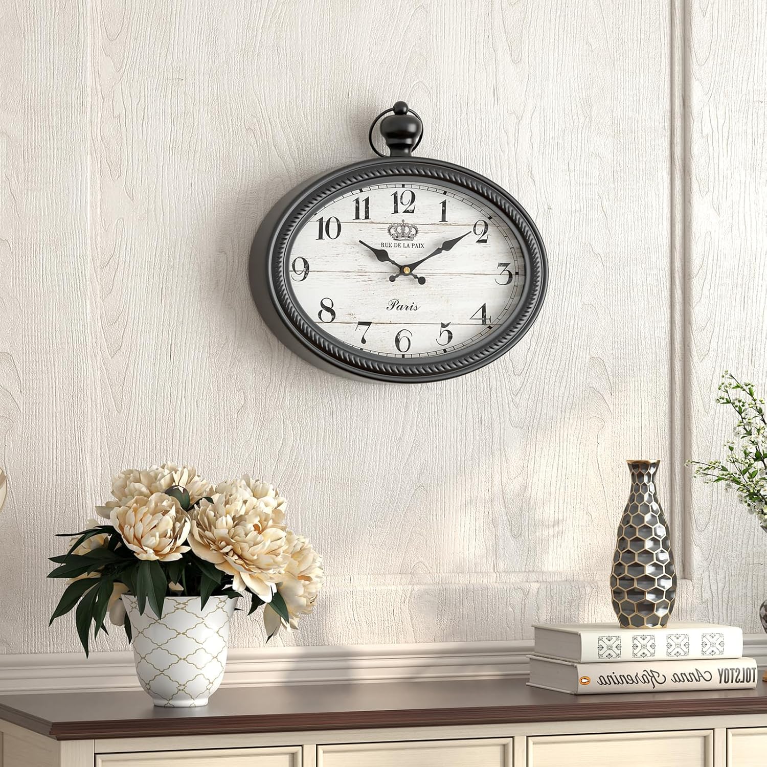 Retro Oval Wall Clock. Black Vintage Antique Style. Battery Operated Decor Wall ... - Image 7