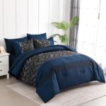 Luxudecor Navy Blue Comforter Set Queen Size, 7 Pieces Stripe Geometric Bed in a... - Image 3