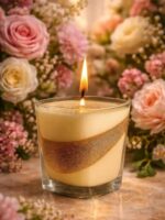 Luxury Scented Candle in Glass, Cream and Gold Swirl Design, Elegant Home Decor - Image 3