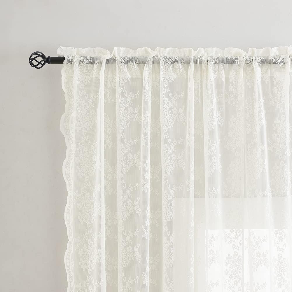 YJ YANJUN Vintage Lace Curtains Ivory Floral 105 inch Curtains 2 Panels for Livi... - Image 3
