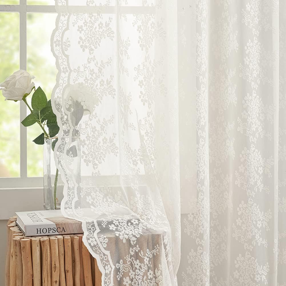 YJ YANJUN Vintage Lace Curtains Ivory Floral 105 inch Curtains 2 Panels for Livi... - Image 4