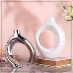 White Ceramic Vase Set of 2, White and Silver Round Donut Ceramic Decorative Vas... - Image 3