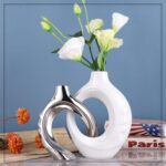White Ceramic Vase Set of 2, White and Silver Round Donut Ceramic Decorative Vas... - Image 4