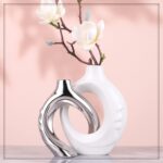 White Ceramic Vase Set of 2, White and Silver Round Donut Ceramic Decorative Vas... - Image 6