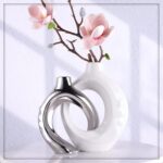 White Ceramic Vase Set of 2, White and Silver Round Donut Ceramic Decorative Vas... - Image 8