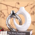 White Ceramic Vase Set of 2, White and Silver Round Donut Ceramic Decorative Vas... - Image 9