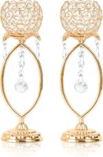 2 Pcs Gold Elegant Metal Crystal Tea Light Candle Holders with Bling Crystal Pen... - Image 2