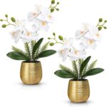2 Pcs Orchids Artificial Flowers in Gold Ceramic Vase 13'' White Fake Flowers Ph... - Image 2
