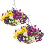2 Set Artificial Outdoor Flowers with Hanging Baskets,24 Pcs UV Resistant Faux P... - Image 2