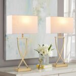 21'' Gold Bedside Lamps Set of 2, White Rectangular Linen Shades, Luxury Wrought... - Image 2