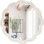 24 Inch Round Wall Mirror, Whitewashed Wooden Frame with Scalloped Edge & Beaded... - Image 2