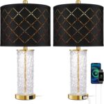 25" Glass Table Lamps Set of 2, with USB C+A Ports, Gold Bedside Lamp, Black Gri... - Image 2