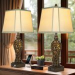 28.5" high Vintage Brown Table Lamps Set of 2 - Bedside Lamp with Faux Silk Shad... - Image 2
