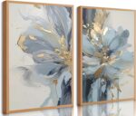 2Pcs Neutral Abstract Floral Canvas Wall Art Luxurious Light Blue Grey And Gold ... - Image 2