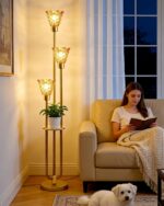 3-Light Modern Glass Floor Lamp with Shelf, Gold Tall Standing Lamp with Amber F... - Image 2