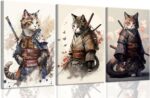 3Pcs Framed Japanese Samurai Cats Wall Art Vintage Cool Cat Posters Prints Funny... - Image 2