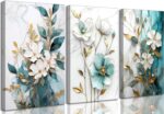 3Pcs White Gold Flower Canvas Wall Art Modern Luxury Blue White Gold Abstract Ma... - Image 2