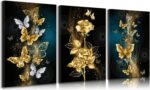 3pcs Abstract Gold Butterfly Canvas Wall Art Gold Butterfly And Rose Wall Decor ... - Image 2