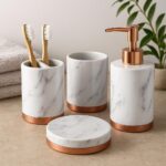 4 Piece Ceramic Bathroom Accessories Set - MARBLE Look Rose Gold White - Our Com... - Image 2