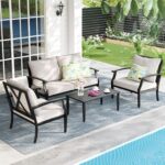 4-Piece Patio Furniture Set, Wider Outdoor Metal Seating Sofa with High Back & L... - Image 2