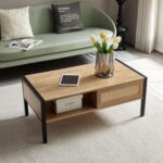40inch Rattan Coffee Table with Sliding Door Storage Modern Metal Leg Living Roo... - Image 2