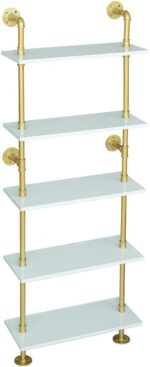 5 Shelf Modern Gold Bookshelf, Wall Mount White Bookcase, Ladder Shelf with Meta... - Image 2