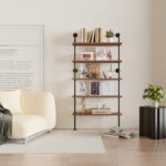 5 Tier Industrial Ladder Shelf Bookcase, Wall Mounted Wood Metal Pipe Rustic Boo... - Image 2