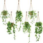 6 Set Mini Fake Hanging Plants with Woven Basket Boho Artificial Ivy Faux Vines ... - Image 2