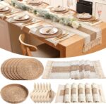 6 Sets Boho Decoration Placemats Round Woven Placemats, Cloth Napkins, Wood Bead... - Image 2