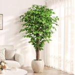 6.2ft Ficus Artificial Trees with 3 Natural Curved Trunks, 74" Tall Lush Faux Tr... - Image 2