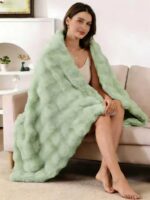 860GSM Bubble Textured Sage Green Faux Fur Throw Blanket 50"x60" - Ultra Soft Pl... - Image 2