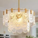 9-Light Glass Chandelier with lampshade, 24 Inch Gold Modern 2-Tier Ceiling Ligh... - Image 2