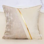 Alerfa 20 x 20 Inch Off White Beige Gold Leather Patchwork Velvet & Polyester Cu... - Image 2