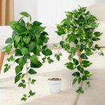 Artificial Hanging Plants with White Pots –2 Pack Fake Pothos Potted Plants Faux... - Image 2