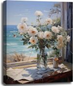 Bathroom Decor Blue Beach Wall Art Flowers Ocean Theme Picture Canvas Print Mode... - Image 2