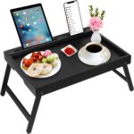 Bed Tray Table with Handles Folding Legs,Bamboo Breakfast Food Tray with Media S... - Image 2