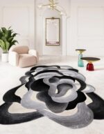 Beige Black Gray Modern Abstract Irregular Shaped Rug 2x3 Soft Faux Wool Area Ru... - Image 2