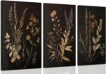 Black Botanical Canvas Wall Art Set of 3 Vintage Floral Art Moody Flower Wall De... - Image 2