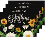 Black Daisy Sunflower Bees Placemats Set of 4,Hello Sunshine Spring Summer Washa... - Image 2