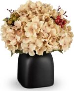 Briful Hydrangea Artificial Flowers in Ceramic Black Vase, Beige Silk Hydrangea ... - Image 2